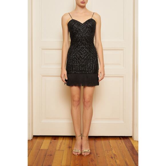 Aidan Mattox Black Spaghetti Strap Beaded Fringe Mini Dress Size Medium